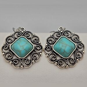 Turquoise & Silver-Tone Dangle Earrings Western Boho Style